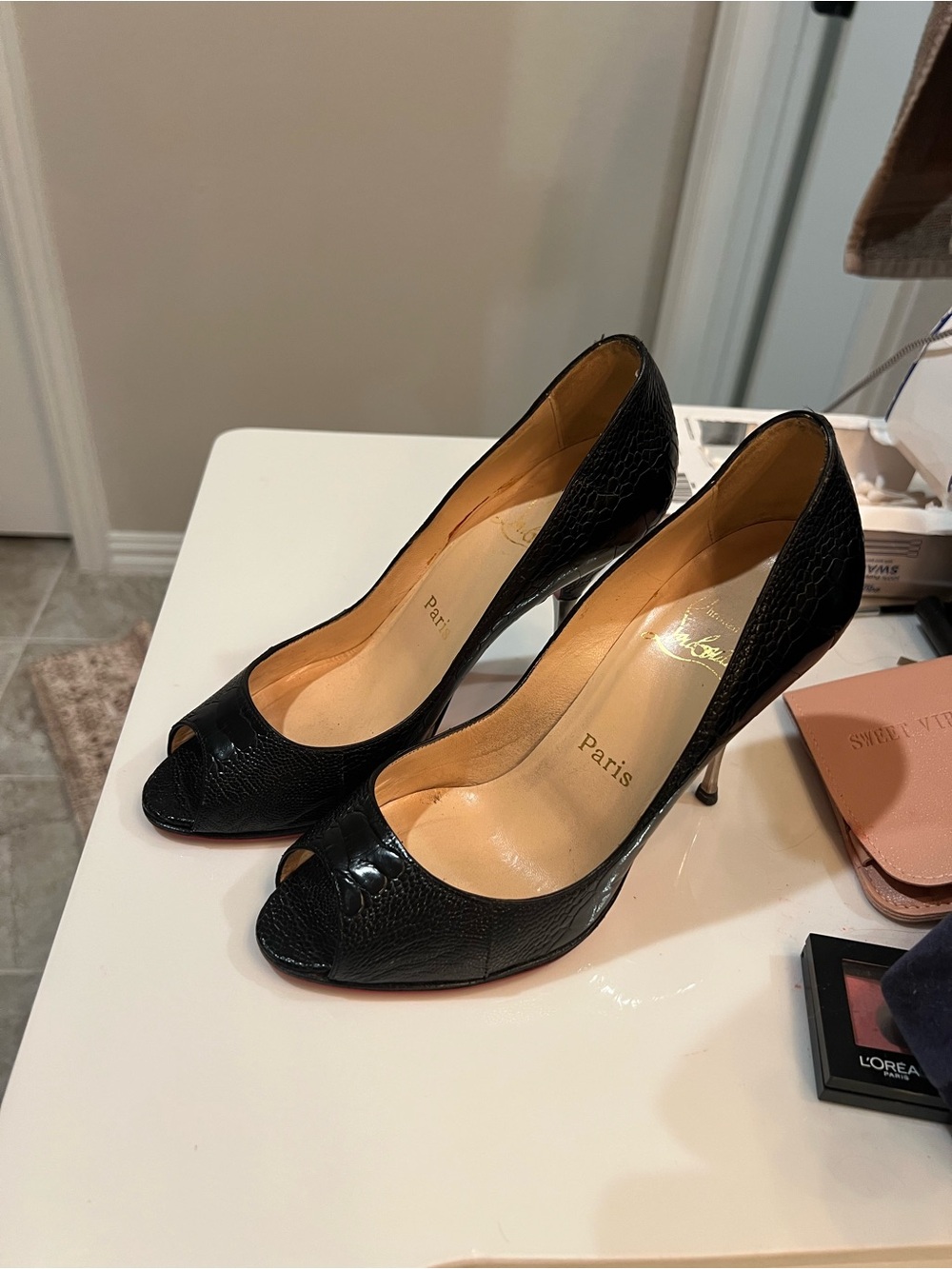 Christian Louboutin Black Peep-Toe Croc-Texture Heels